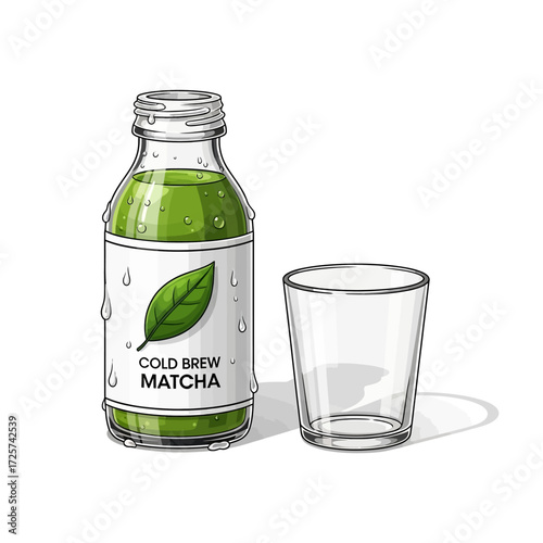 A refreshing bottle of cold brew matcha with a clear glass, showcasing condensation and a green leaf logo on the label.