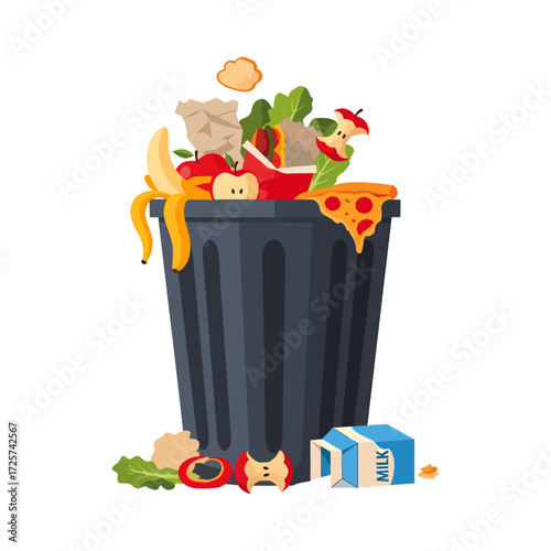 Overflowing garbage bin filled with rotten food scraps and discarded leftovers a messy scene indicating waste and decay