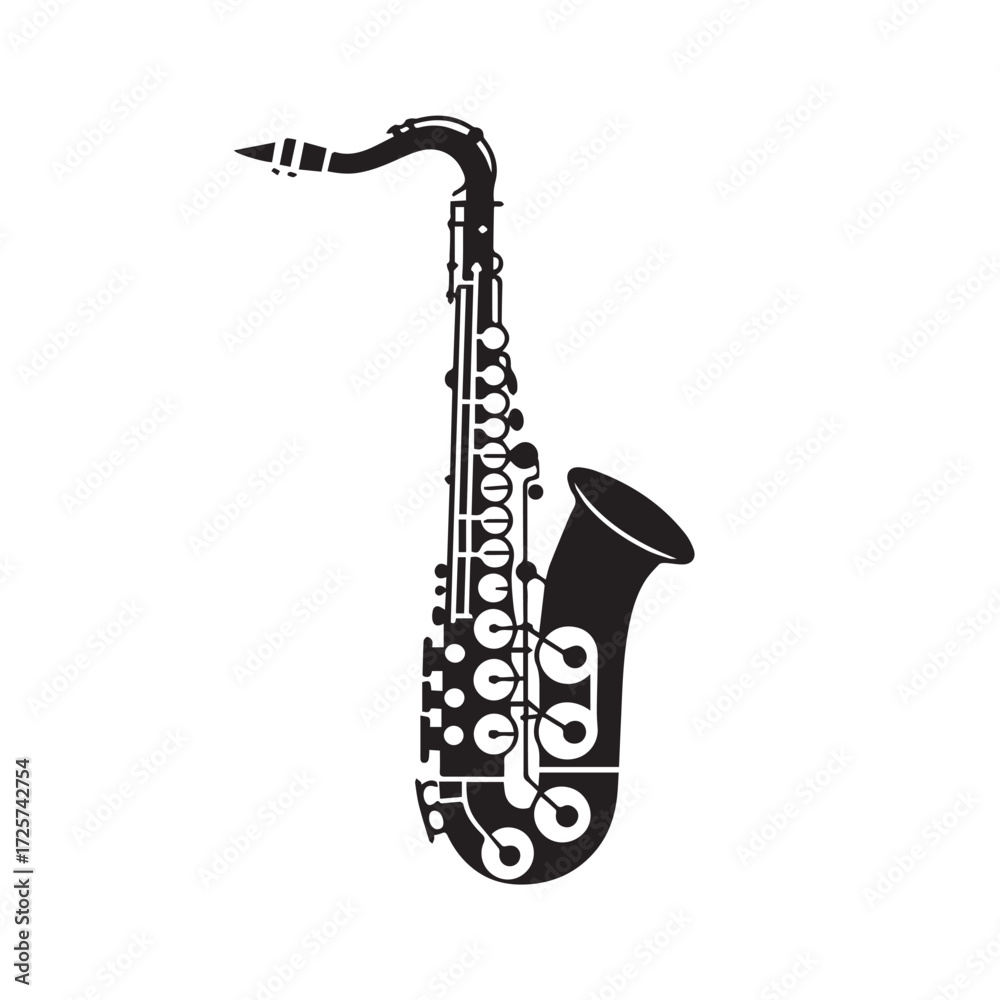 Naklejka premium Black silhouette of a saxophone isolated on white background technology background