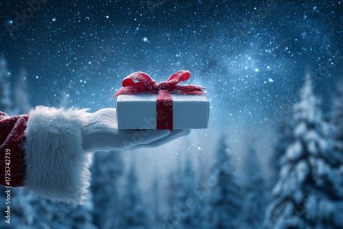 Christmas Gift Held by a Hand in a Snowy Forest at Night Under a Starry Sky.