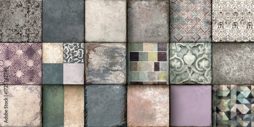 A collage of square tiles showcasing various muted colors, textures, and patterns.  Each tile presents a unique design, ranging from geometric shapes to intricate floral motifs and rustic finishes