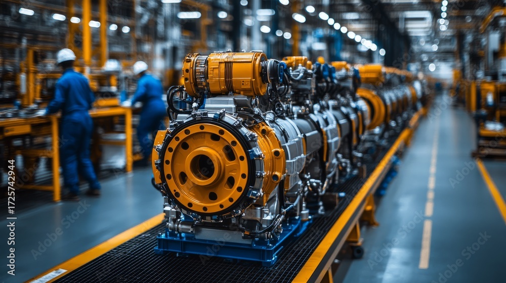 Fototapeta premium Workers assemble sophisticated engines amid a bustling manufacturing environment, highlighting innovation and teamwork