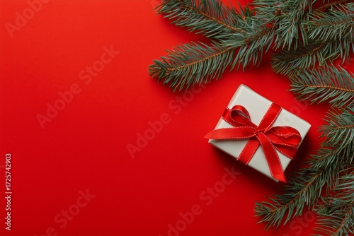 Beautifully Wrapped Gift Box With Red Ribbon Near Evergreen Branches on Brigh...
