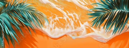 Colorful Tropical Scene With Waves and Palm Leaves in Vibrant Orange Background