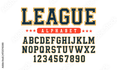 LEAGUE Varsity Alphabet, Block Outline Athletic Font Set (A–Z, 0–9), Vintage sport font in American style for football, baseball, or basketball logos and t-shirts, easily editable.