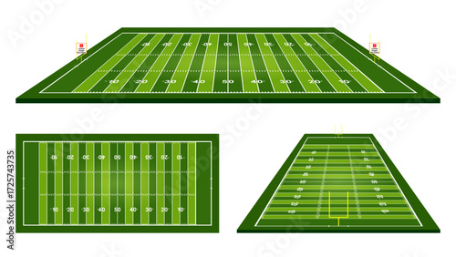 This illustration showcases various perspectives of a vibrant green American football field, complete with yard lines and goalposts, ready for competitive play.