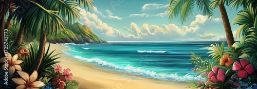 Colorful Tropical Beach Scene With Lush Palm Trees and Gentle Waves in Bright...