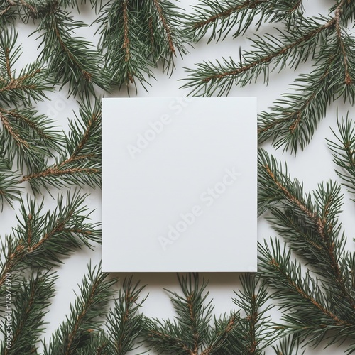 Decorative White Frame Surrounded by Fresh Pine Branches on a Light Backgroun...