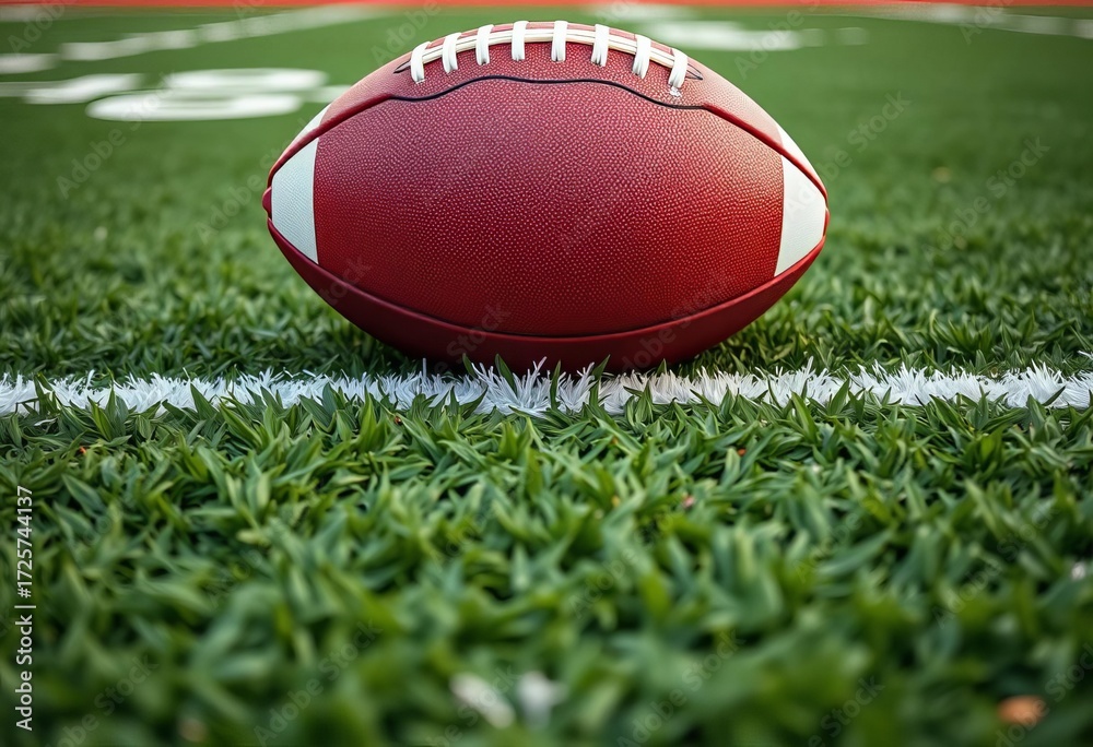 Obraz premium Gridiron close-up, showing field markings, ball, and yard lines, action, play