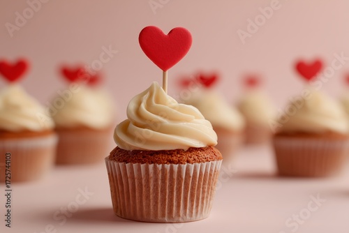 Delicious Cupcakes With Heart Toppers Arranged on a Pastel Background for a S...