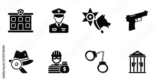 Police and Security Icon Set – Law Enforcement, Criminal, Jail, Gun, Police Dog, Detective, Handcuffs, and Justice Symbols for Design, Infographics, and Applications