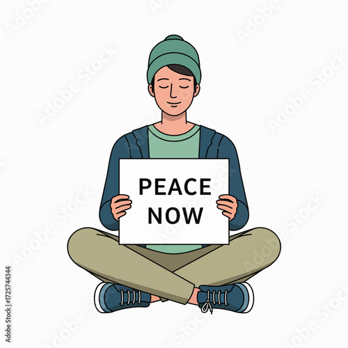 A young person in meditation holding a sign that says peace now