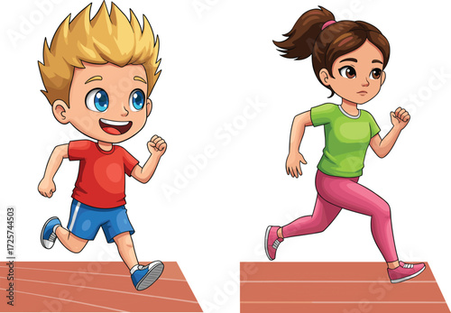 Cartoon kids running race on track, boy and girl sprinting, athletic competition, childhood sports activity, fitness training, healthy lifestyle, vector illustration