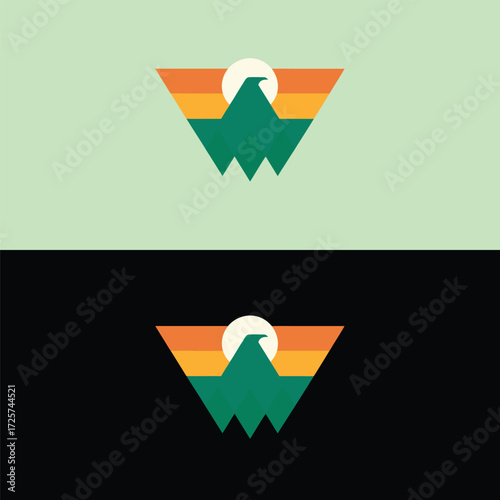 A minimalist logo featuring a stylized eagle soaring over mountains at sunset, presented against a split background of light green and black, creating a modern and eyecatching design