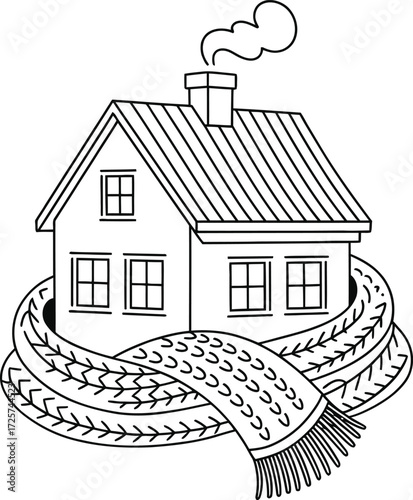 Cozy house wrapped in a warm scarf with smoke coming from chimney