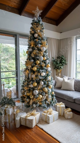 Festive Living Room With a Decorated Christmas Tree and Presents in Winter Su...