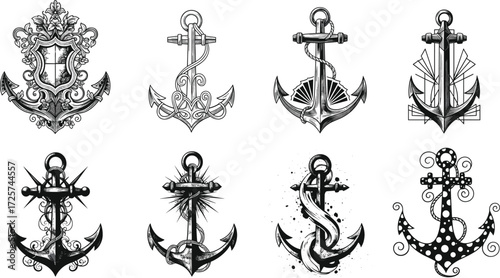 Anchor illustrations—ornate, gothic, whimsical, nautical styles—vector artwork, maritime symbol, strength, design, adventure, tattoo, vintage, abstract, decorative