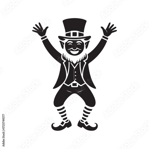 Happy leprechaun with top hat and beard, arms raised in celebration, symbolizing luck and st patricks day, isolated on white background technology background