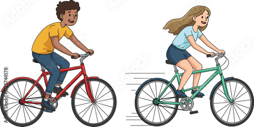 Cartoon children riding bicycles, boy in yellow shirt on red bike, girl in blue outfit on green bike, cycling speed, motion, outdoor activity illustration