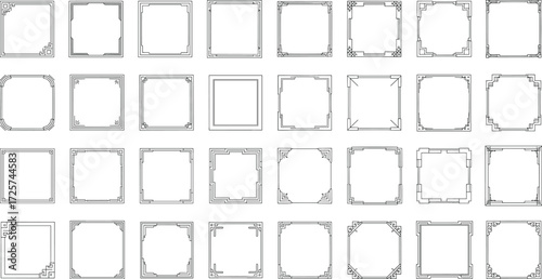Square decorative frames collection, ornate vintage borders with geometric corner designs, elegant line art outline, vector illustration