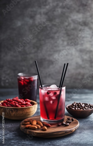 Refreshing Beverage With Goji Berries and Coffee Served on a Wooden Board Wit...