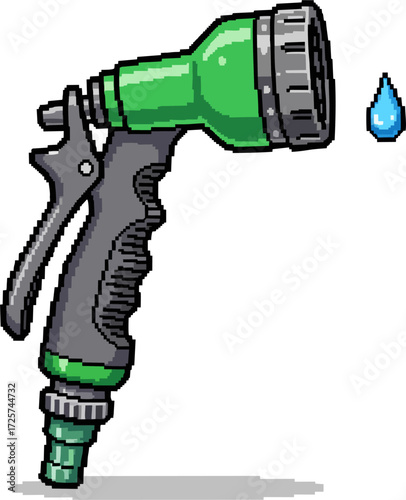 Pixel art illustration of a green and gray garden hose nozzle with a single blue water droplet floating nearby.