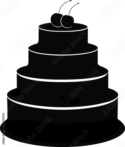 Black three tiered cake with cherries on top isolated on white vector.