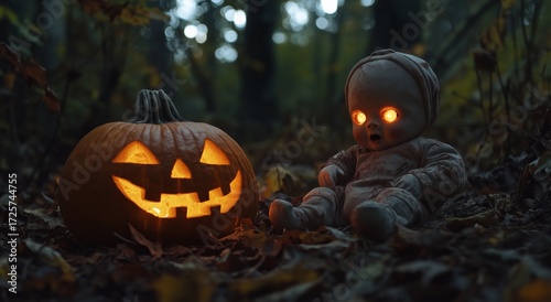 Spooky Halloween Scene With Glowing Pumpkin and Doll in Dark Forest