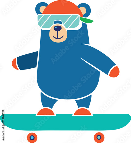 Blue bear wearing sunglasses and orange hat rides teal skateboard vector vector illustration EPS file download.

