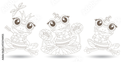 A set of contour illustrations with cute frogs, isolated animals on a white background