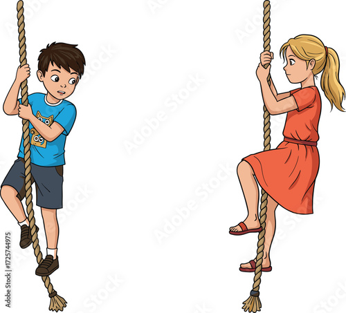 Cartoon children climbing ropes, boy and girl in playground activity, physical exercise, strength training, childhood fun, outdoor fitness, teamwork, healthy lifestyle, vector illustration