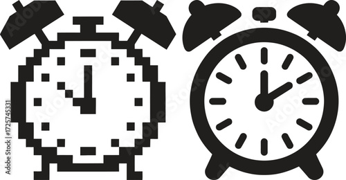 Two alarm clocks one pixelated and one realistic illustration