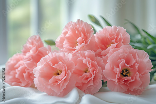 Soft Pink Carnation Bouquet on White Table with Greenery