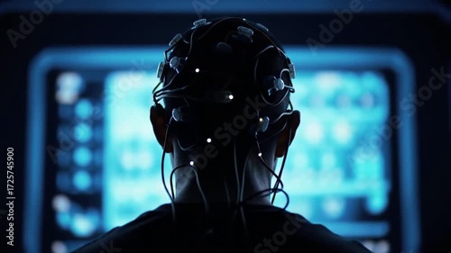 Man wearing brainwave monitoring device looking at computer screen