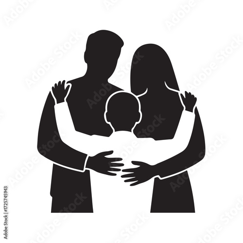 Silhouette of a loving family, parents embracing their child, isolated on white background technology background