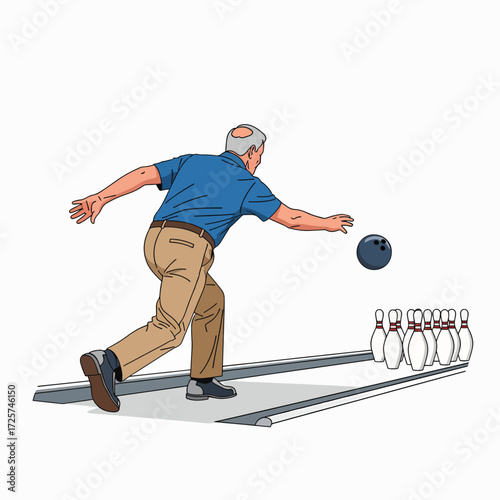 Older Gentleman Bowling a Strike and Knocking Over Ten Pins on the Lane