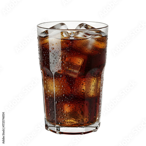 Tall glass of cola with ice cubes and condensation on black background soda drink