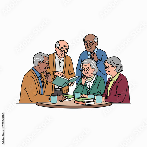 A Group of Elderly People Discussing a Book While Enjoying Beverages Together