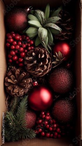 Decorative Box Filled With Holiday Ornaments and Natural Elements for Festive...