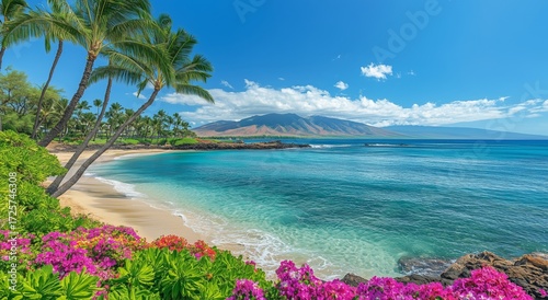Breathtaking Coastal View With Clear Water and Vibrant Flowers in a Tropical ...
