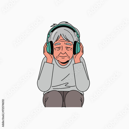 An elderly woman wearing headphones listening to music with a relaxed expression on her face