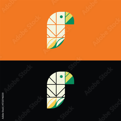 A striking parrot logo design, featuring a mosaic of geometric shapes and vibrant colors, presented against both a warm orange and a sleek black background, offering a visually dynamic contrast