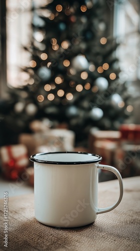 Cozy Cup of Warm Drink in Front of Christmas Tree With Gifts in the Background