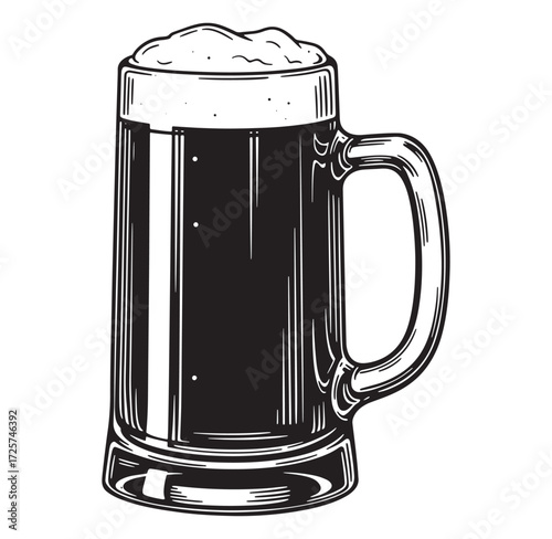 Vector illustration of a vintage beer mug filled with dark brew and frothy head
