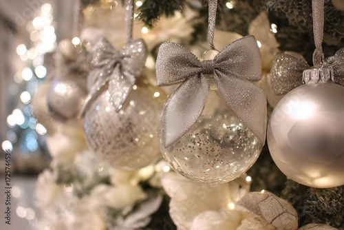 Beautiful Silver and White Christmas Ornaments Hanging on a Decorated Tree at...
