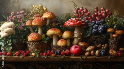 Colorful display of assorted mushrooms, fruits, and flowers arranged on a wooden table in a rustic setting