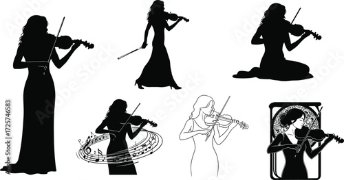 Female violinist silhouette, classical music, violin player, elegant woman, musical performance, orchestra scene, vector art, artistic pose, concert vibe, musical expression