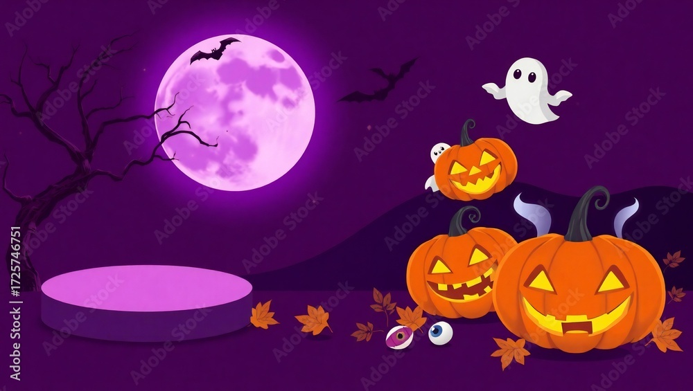 Fototapeta premium Spooky halloween night scene with jack-o'-lanterns ghosts and full moon celebration