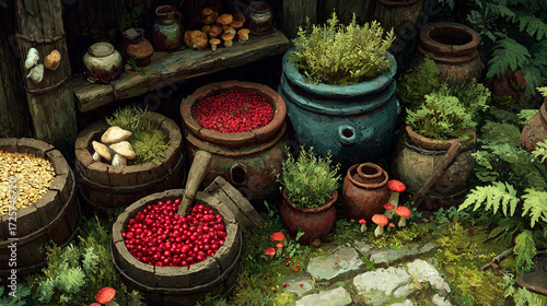 Harvesting fresh fruits and herbs from a rustic garden filled with vibrant colors and natural elements