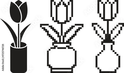 Three stylized tulip flower illustrations in vases pixel art and silhouette